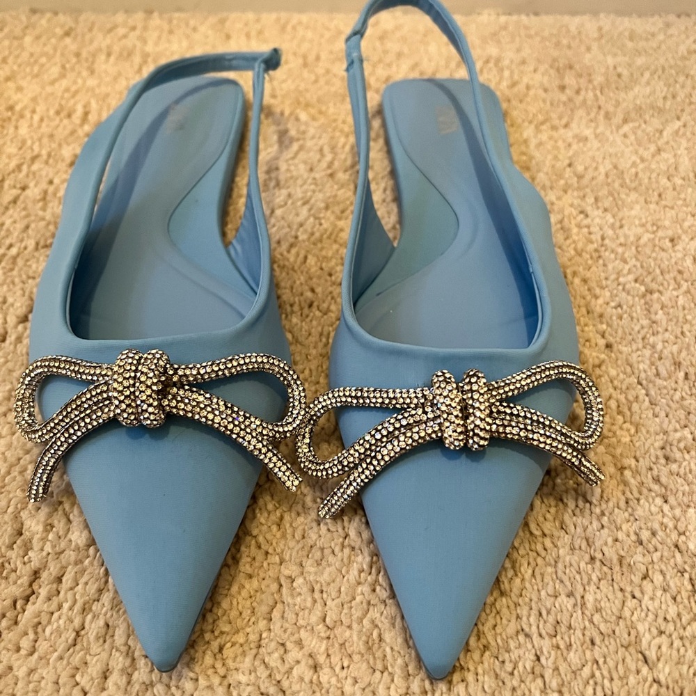 Zara blue Crystal bowed sling back flats